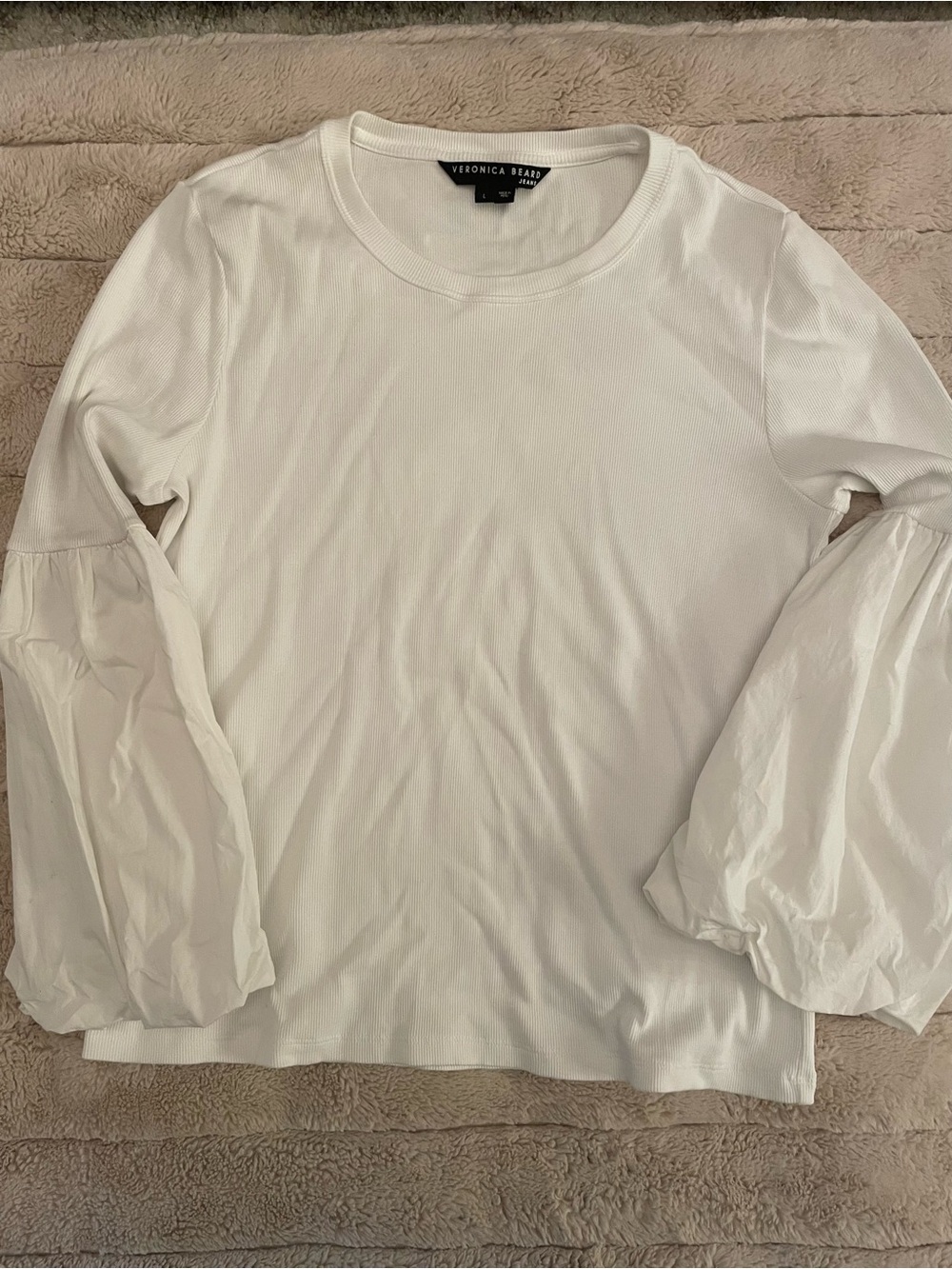 Veronica Beard White Balloon-Sleeve Crewneck Top